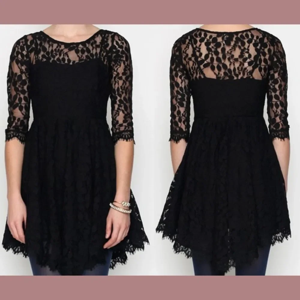 NEW $128 Free People [ 4 ] Skater‎ Floral Mesh Lace Dress in Black #u1184